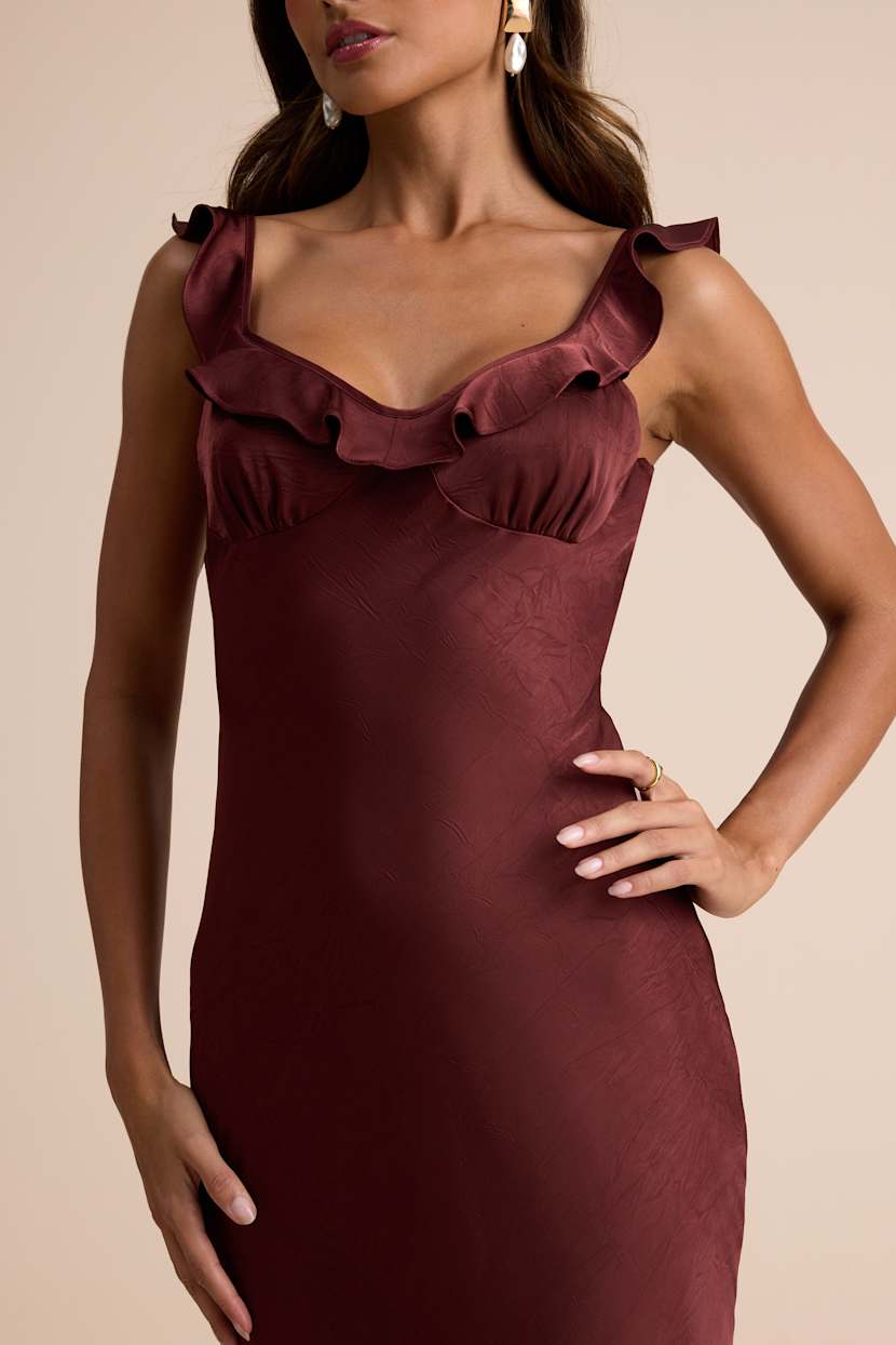 Angela Brown Satin Ruffed Slip Maxi Dress