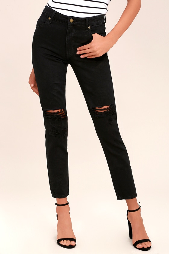 black distressed ankle jeans