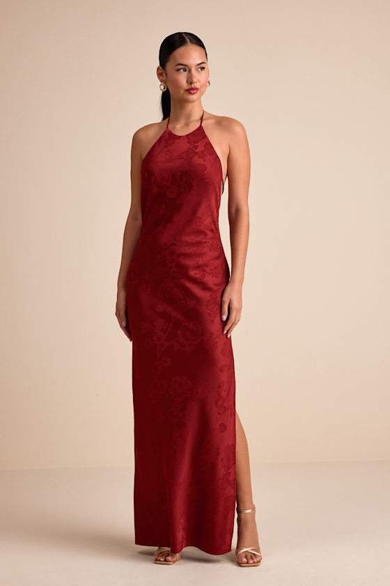 Ayura Rust Red Satin Jacquard Tie-Back Halter Maxi Dress 1