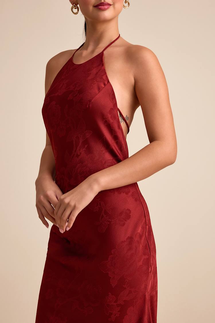 Rust Red Satin Jacquard Tie-Back Halter Maxi Dress | Womens | Medium (Available in XS, S, L, XL) | Polyester/Spandex | Lulus Rust Red Satin Jacquard Tie-Back Halter Maxi Dress | Womens | Medium (Available in XS, S, L, XL) | Polyester/Spandex | Lulus