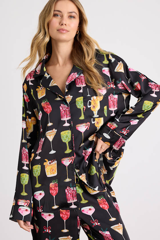 Classic Black Holiday Cocktail Satin Two-Piece Pajama Set 1