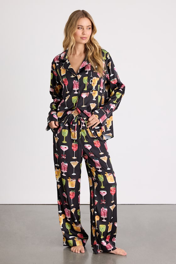 Classic Black Holiday Cocktail Satin Two-Piece Pajama Set 4