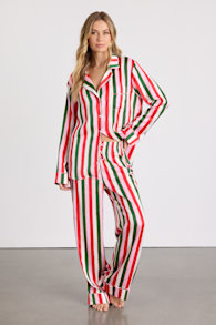 Classic White Multi Jolly Stripes Satin Two-Piece Pajama Set 1