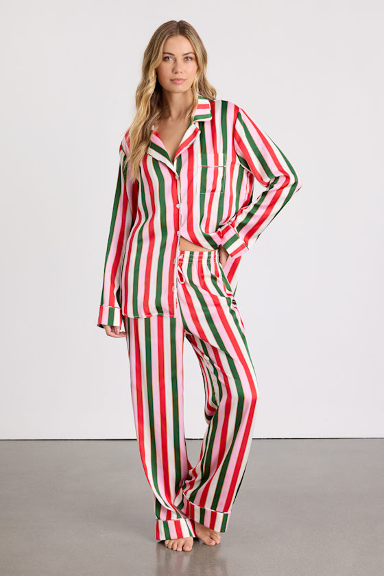 Classic White Multi Jolly Stripes Satin Two-Piece Pajama Set 1