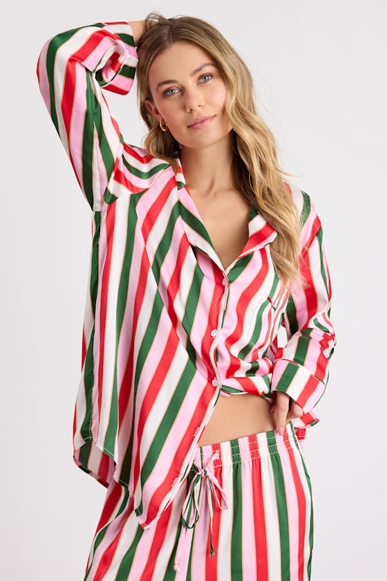 Classic White Multi Jolly Stripes Satin Two-Piece Pajama Set 2