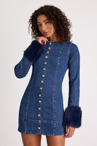 Rockefeller Medium Wash Denim Faux Fur Mini Dress 1