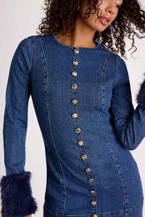 Rockefeller Medium Wash Denim Faux Fur Mini Dress 2