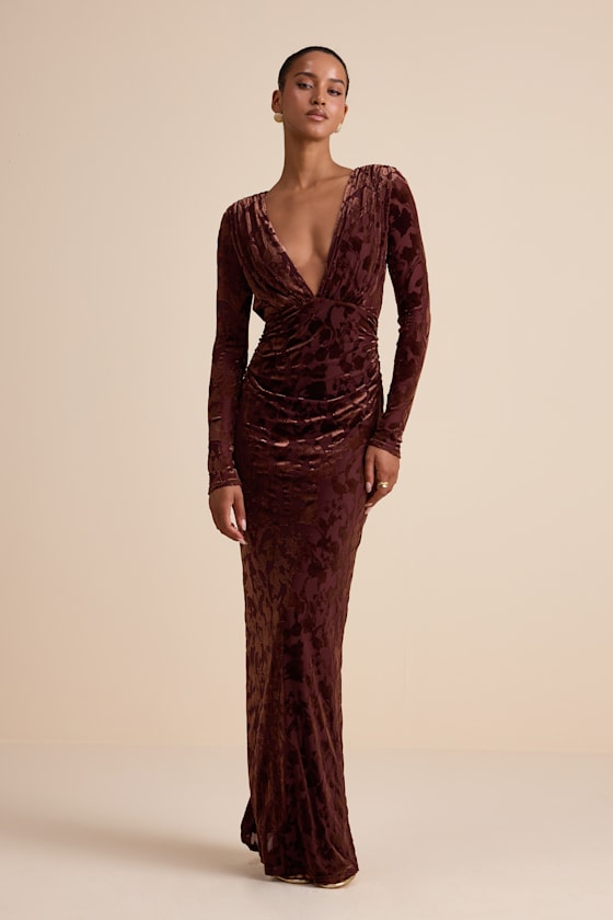 Lulus Patricia Brown Velvet Burnout Long Sleeve Maxi Dress In Brown