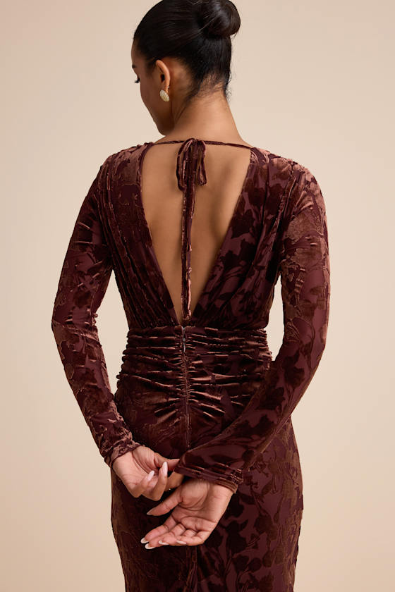 Lulus Patricia Brown Velvet Burnout Long Sleeve Maxi Dress In Brown