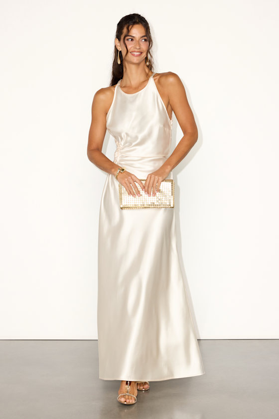Lulus Cherita Champagne Satin Cutout Maxi Dress In White