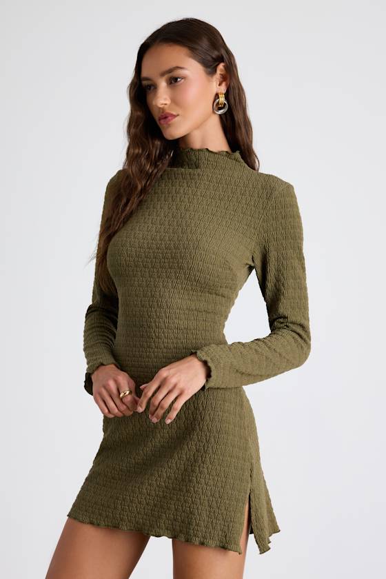Flattering Forecast Olive Green Textured Long Sleeve Mini Dress 1