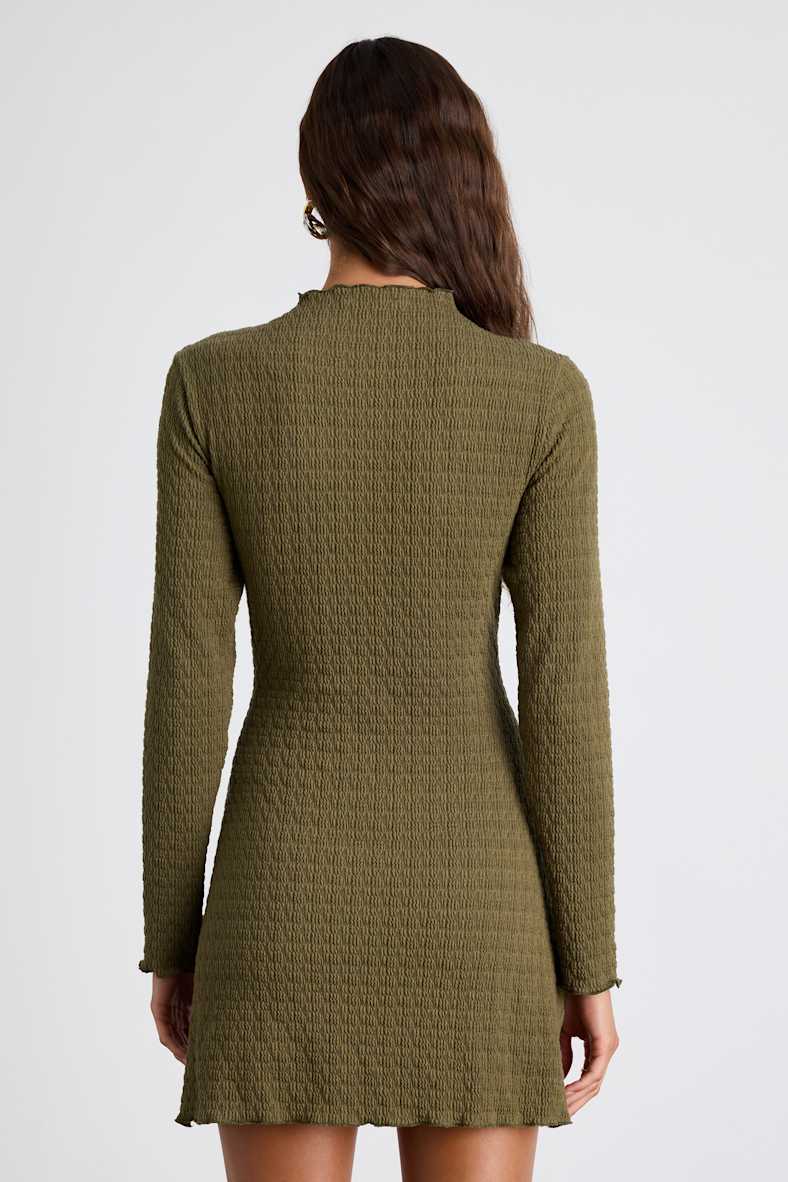 Flattering Forecast Olive Green Textured Long Sleeve Mini Dress