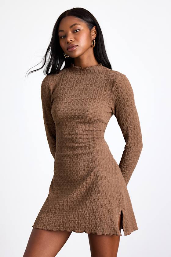 Flattering Forecast Brown Textured Long Sleeve Mini Dress 1