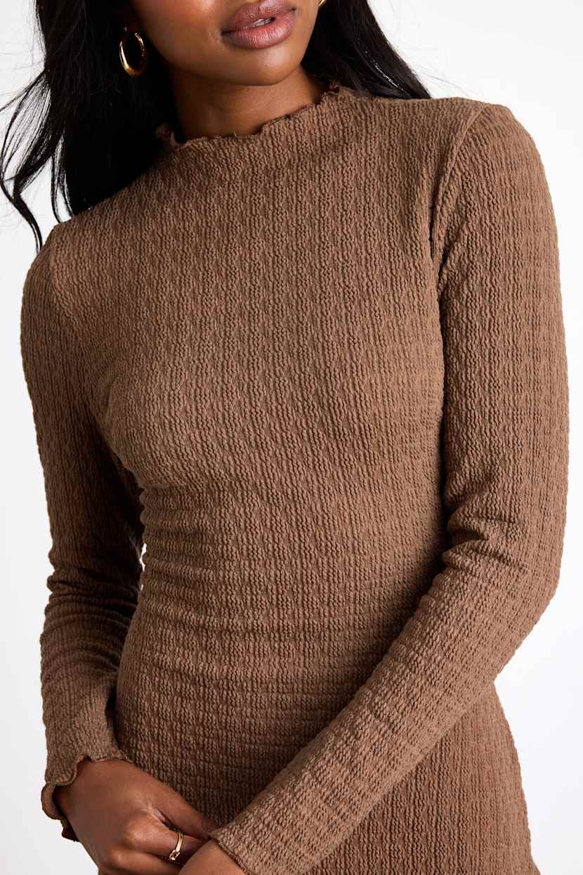 Flattering Forecast Brown Textured Long Sleeve Mini Dress