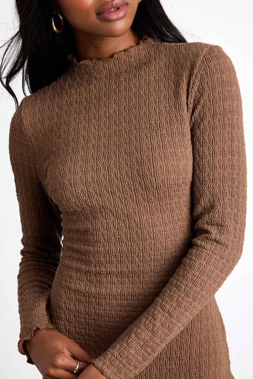 Flattering Forecast Brown Textured Long Sleeve Mini Dress