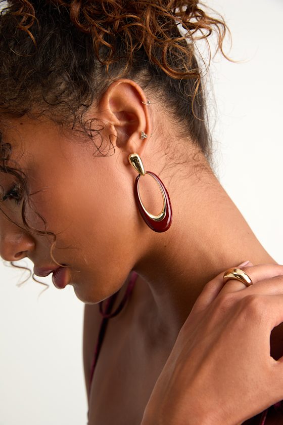 Burgundy Enamel Earrings - Gold Earrings - Oval Drop Earrings - Lulus