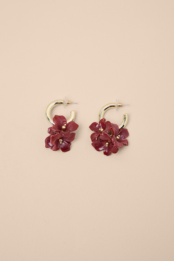 Dorianne Red and Gold Floral Huggie Hoop Earrings 1