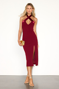 Rossie Dark Red Cross-Front Halter Midi Dress 1