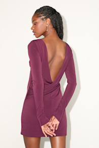 Noey Plum Purple Jersey Knit Cowl Back Long Sleeve Mini Dress 3