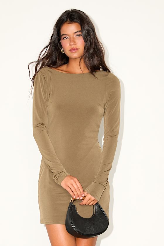 Noey Olive Jersey Knit Cowl Back Long Sleeve Mini Dress 2