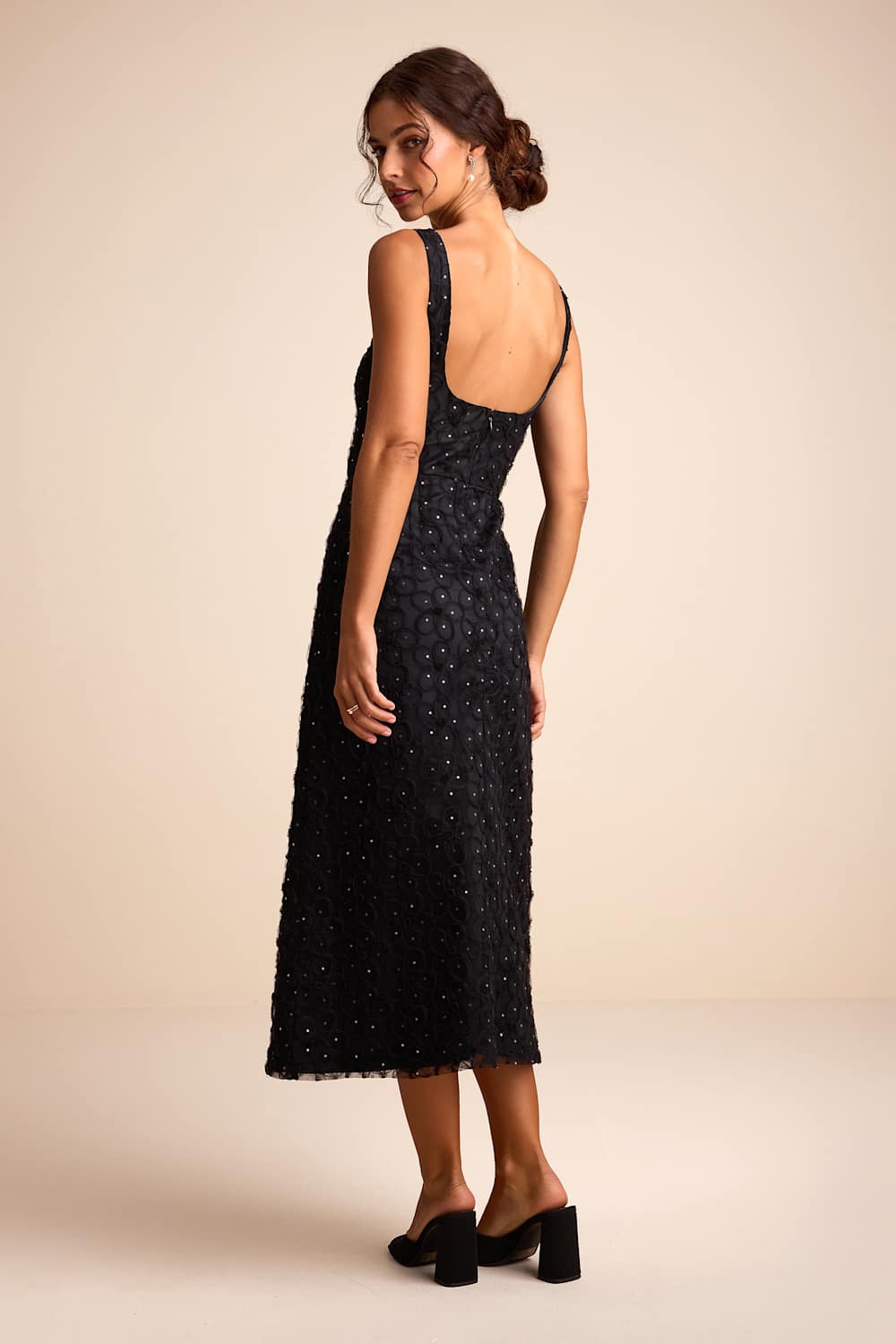 Sandrina Black Textured Sequin Square Neck Midi Dress