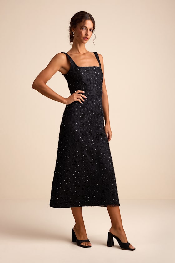 Sandrina Black Textured Sequin Square Neck Midi Dress 4