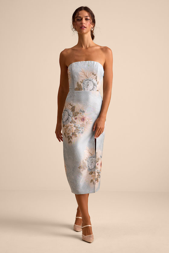 Hargrove Light Blue Floral Jacquard Strapless Midi Dress 1