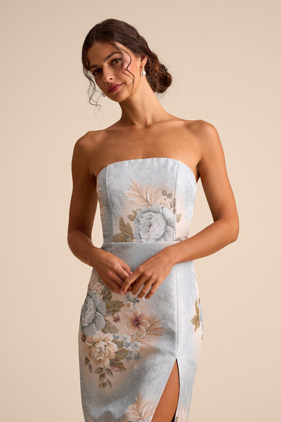 Hargrove Light Blue Floral Jacquard Strapless Midi Dress 2