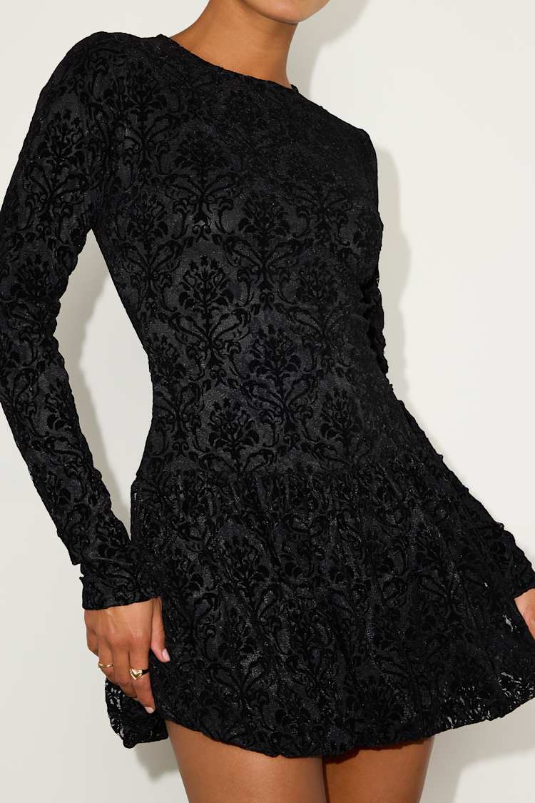 Veranda Black Lace Long Sleeve Drop Waist Mini Dress
