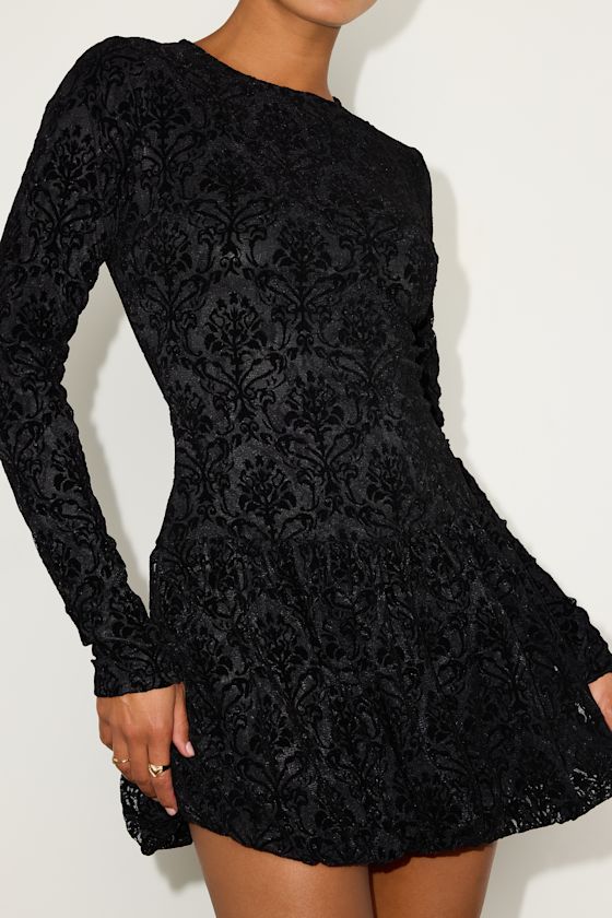 Veranda Black Lace Long Sleeve Drop Waist Mini Dress 6