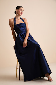 Rani Navy Taffeta Halter Maxi Dress 1