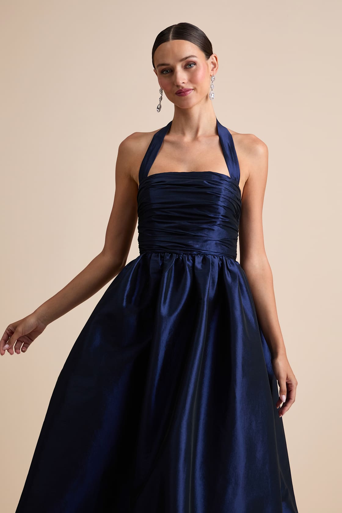 Rani Navy Taffeta Halter Maxi Dress
