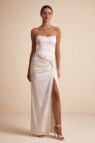 Whitney Ivory Jacquard Strapless Twist-Front Maxi Dress 1