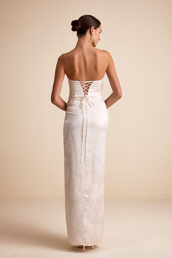 Ivory Jacquard Maxi Dress - Lace-Up Maxi Dress - Strapless Maxi