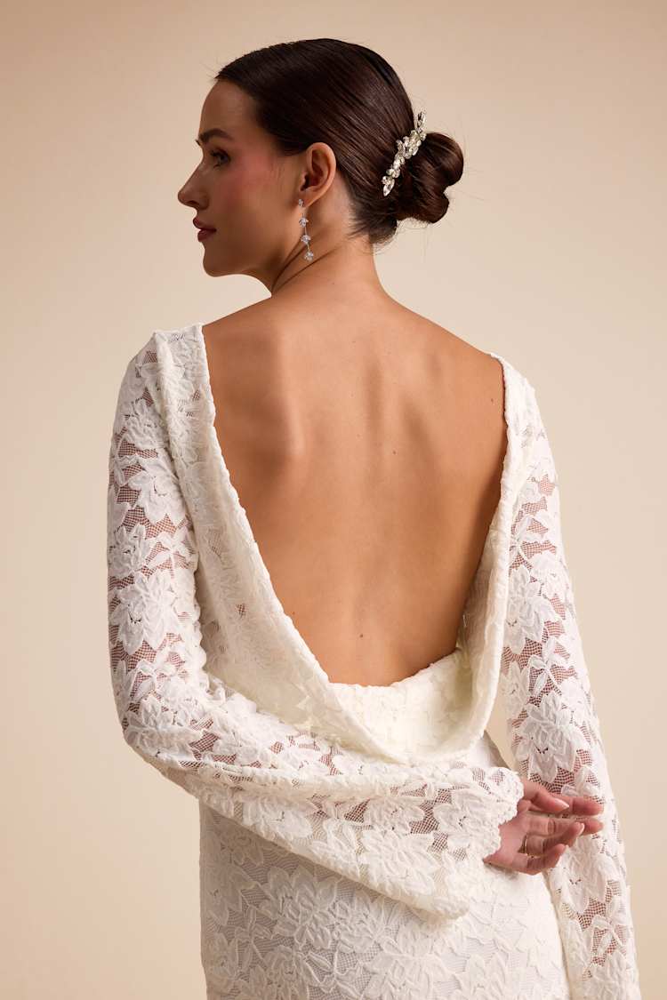 long sleeve plain wedding dresses Ivory V-Neck Long Sleeve Wedding Dresses Simple Wedding Dresses WD721 US16 / Custom Color
