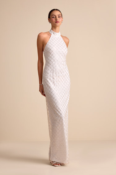 fitted lace wedding dress Anabelle Halter Neck Lace Maxi Dress - White