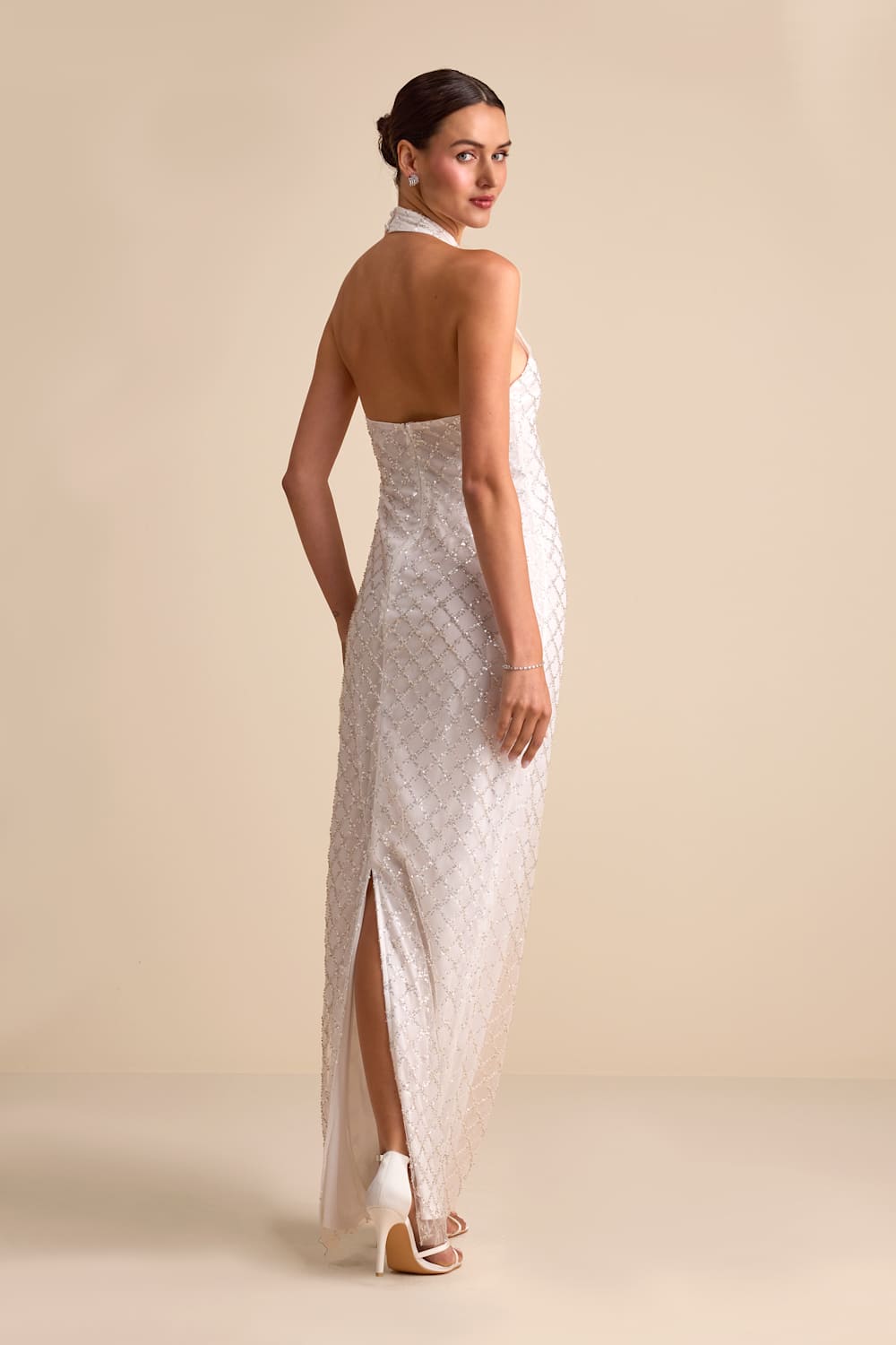 Novalea White Sequin Halter Maxi Dress