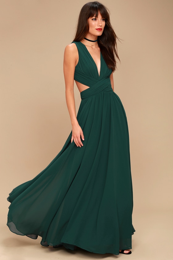 Lovely Forest Green Dress - Cutout Maxi Dress - Maxi Dress