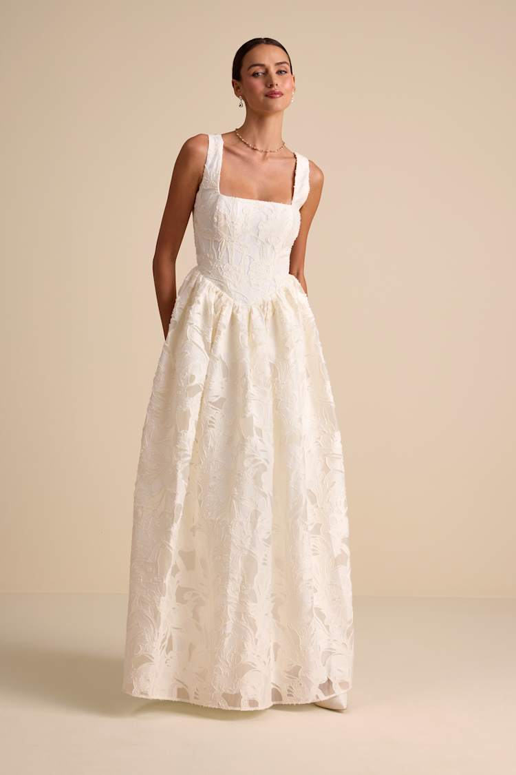 Corsen Ivory Floral Jacquard Corset A-Line Maxi Dress