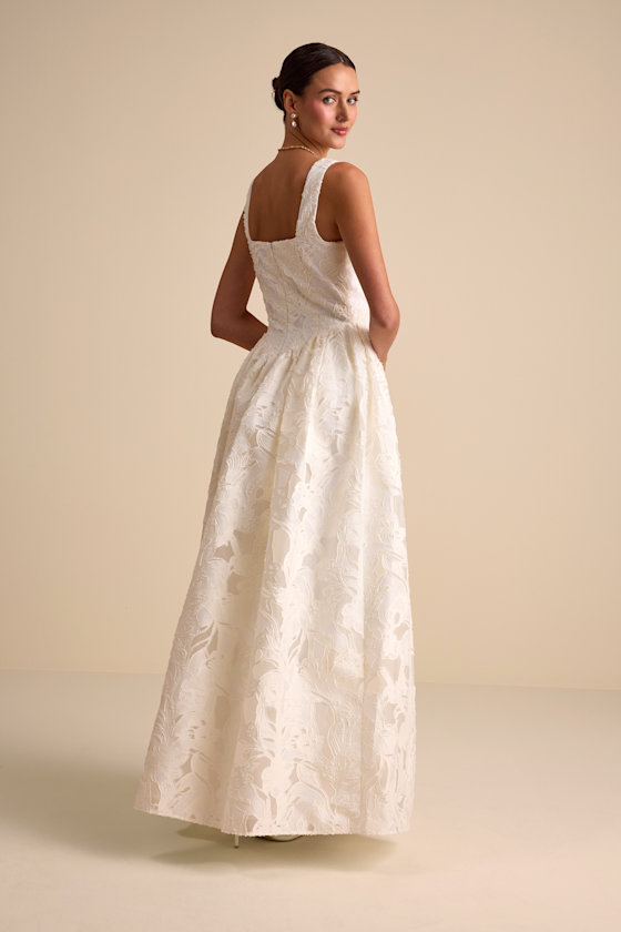 Ivory Bridal Gown - Floral Jacquard Dress - Basque Waist Dress - Image 4