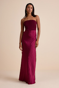 Nyrah Berry Red Satin Pleated Strapless Maxi Dress 1