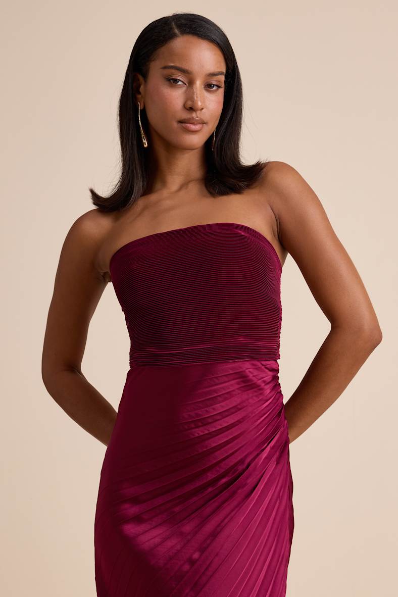 Nyrah Berry Red Satin Pleated Strapless Maxi Dress