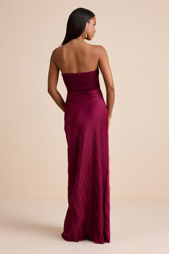 Berry Red Dress - Strapless Maxi Dress - Satin Pleated Dress - Image 3
