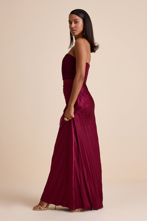 Berry Red Dress - Strapless Maxi Dress - Satin Pleated Dress - Image 4
