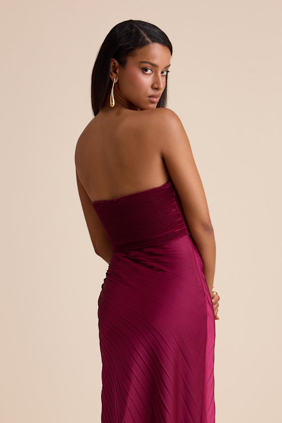 Berry Red Dress - Strapless Maxi Dress - Satin Pleated Dress - Image 5