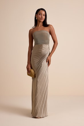nyrah berry red satin pleated strapless maxi dress Nyrah Taupe Satin Pleated Strapless Maxi Dress