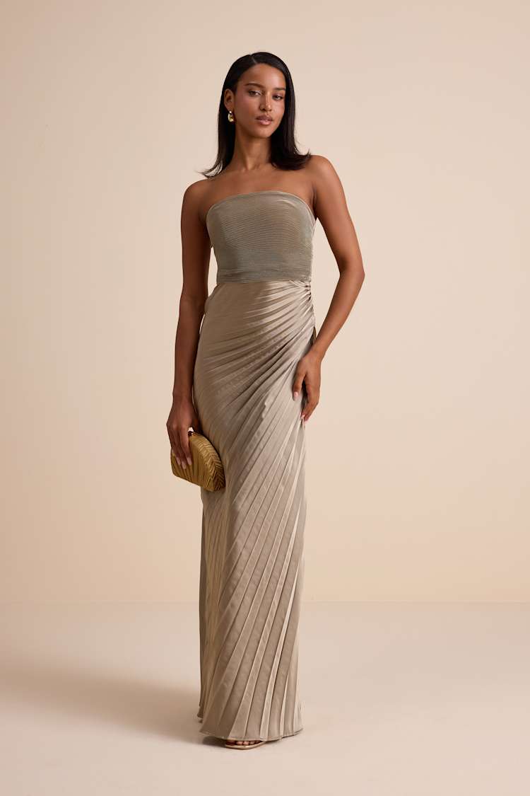Taupe Satin Dress - Strapless Maxi Dress - Satin Pleated Dress - Lulus Taupe Satin Dress - Strapless Maxi Dress - Satin Pleated Dress - Lulus