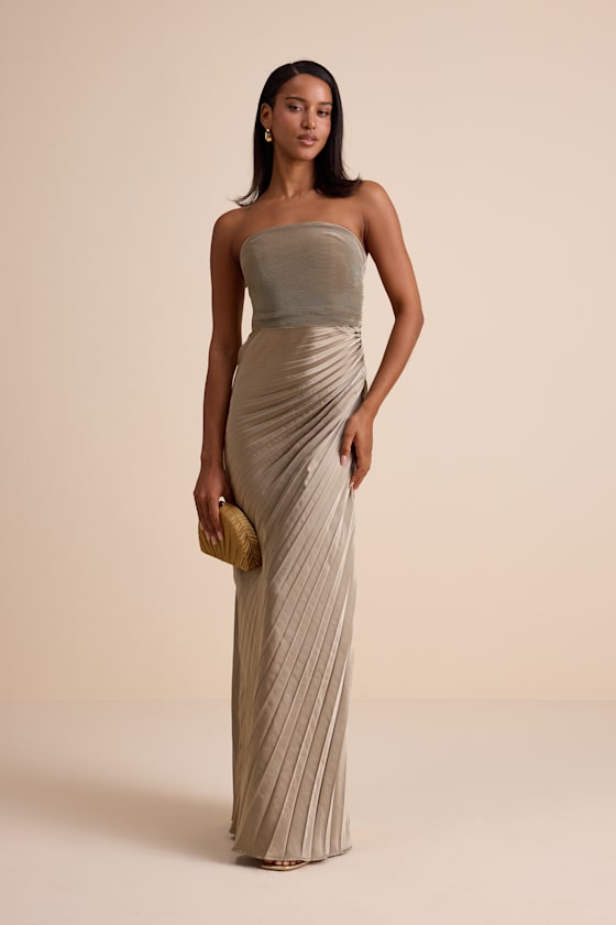 Nyrah Taupe Satin Pleated Strapless Maxi Dress 1