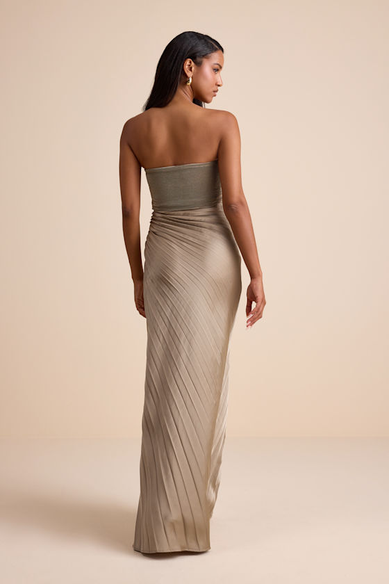 Taupe Satin Dress - Strapless Maxi Dress - Satin Pleated Dress - Image 3