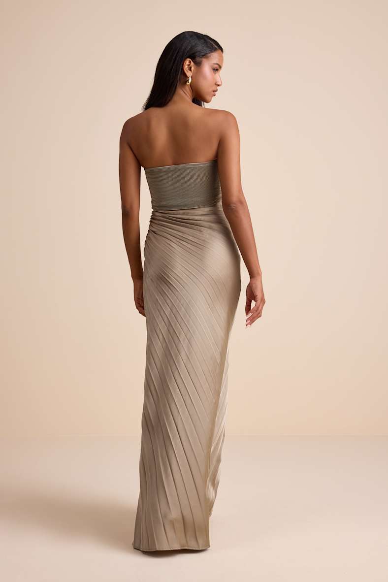 Nyrah Taupe Satin Pleated Strapless Maxi Dress